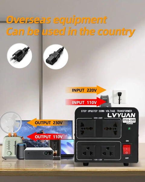 1500W Voltage Transformer Step Up Down Converter 110V-120V To 220V-240V And 220V-240V To 110V-120V with outlets and devices