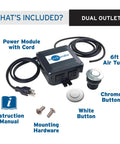 Dual Outlet Sink Top Air Switch Kit components including power module, chrome button, white button, 6ft air tube, and hardware.