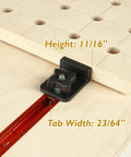 4 Pack T Track Stop Block Set For Woodworking With Inline And Lateral Stops For 3/4 Inch Double Cut Profile T Track Tables Durable ABS Plastic Construction Built For Repetitive Accurate Setups And Quick Adjustments, showing dimension details on a wooden table with T-track system.