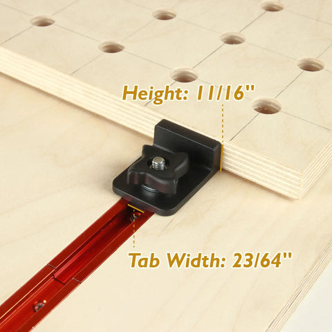 4 Pack T Track Stop Block Set For Woodworking With Inline And Lateral Stops For 3/4 Inch Double Cut Profile T Track Tables Durable ABS Plastic Construction Built For Repetitive Accurate Setups And Quick Adjustments, showing dimension details on a wooden table with T-track system.