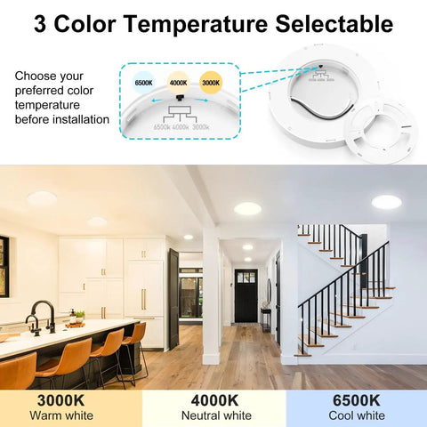 7 Inch White LED Flush Mount Ceiling Light With Ultra Thin Round Panel, 15W 1500Lm, in room settings at 3000K, 4000K, 6500K