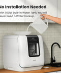 Slick Countertop Dishwasher With Built In Six Liter Water Tank, Portable Mini Cleaning Station, pouring water into tank.