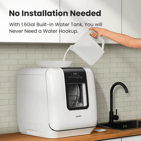 Slick Countertop Dishwasher With Built In Six Liter Water Tank, Portable Mini Cleaning Station, pouring water into tank.