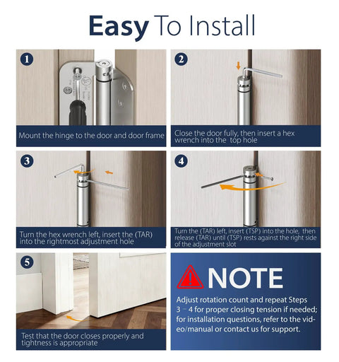 3 Pack 4 Inch Self Closing Door Hinges With 5/8 Inch Radius Corners In Brushed Nickel, Easy Install With Stainless Steel Mounting Screws For Kitchens Bathrooms Garages Offices And Interior Doors, installation steps