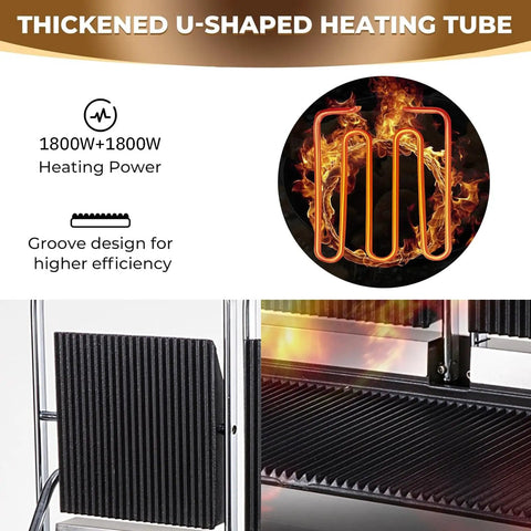 Thickened U-shaped heating tube 1800W power for Heavy Duty Commercial Panini Press And Sandwich Maker With Cast Iron Griddle Non Stick Coating 3600W Power.