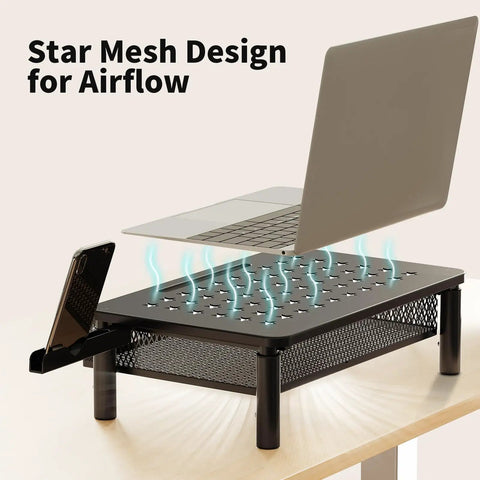 Ergonomic Monitor Stand Riser With Metal Mesh Drawer And Phone Holder Height Adjustable At 4.13 4.92 And 5.71 Inches on desk