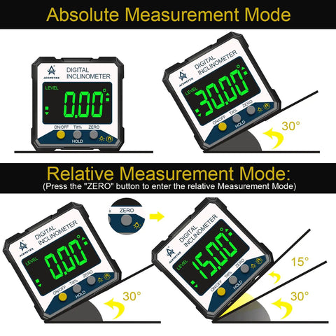 Top Tier Magnetic Digital Angle Finder And Protractor Inclinometer with bright backlit screen showing measurement modes and angles.