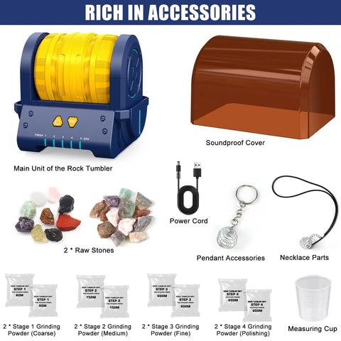 Quiet Rock Tumbler Kit With 5 Day Timer For Kids And Adults, accessories including raw stones, soundproof cover, and grinding powders