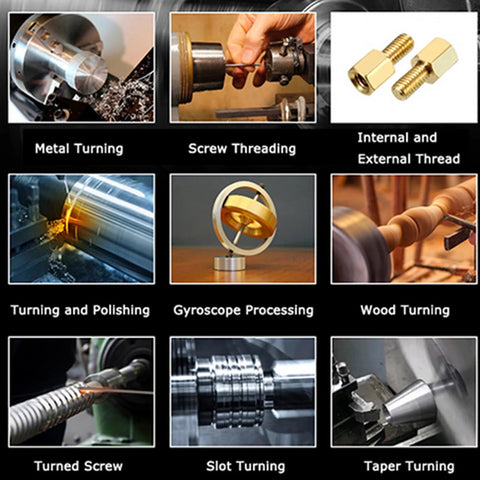 INTSUPERMAI metal lathe with double chuck; 8×32 gearless lathe showing metal turning, screw threading, and wood turning.