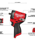 M12 FUEL Stubby 3/8 Inch Impact Wrench Bare Tool For High Torque And Tight Spaces, up to 550 ft-lbs nut busting power