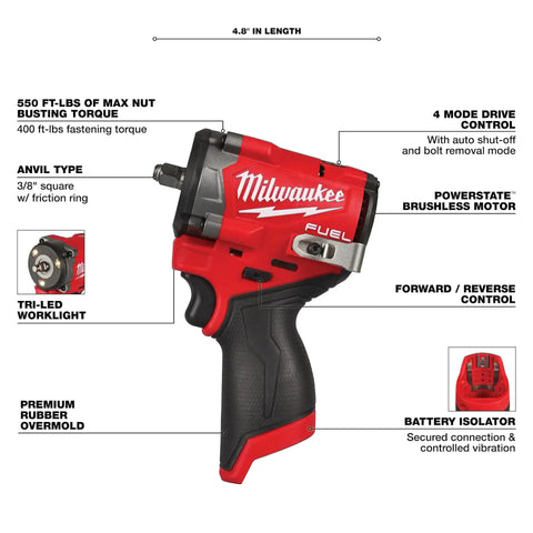 M12 FUEL Stubby 3/8 Inch Impact Wrench Bare Tool For High Torque And Tight Spaces, up to 550 ft-lbs nut busting power