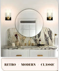 Bathroom with Indoor 2 Pack Wall Light Fixtures Set, Vintage Farmhouse Sconces In Black And Gold Finish With Clear Glass Shades.