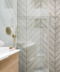 Minimalist bathroom with glass shower door featuring Mini Self Adhesive Clear Acrylic Cabinet Drawer Pulls 2 Pack No Punching Design.