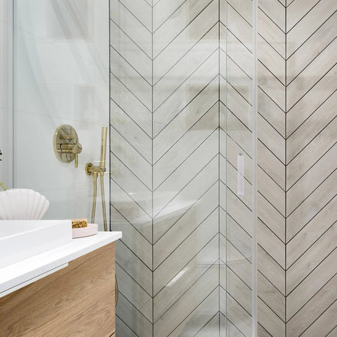Minimalist bathroom with glass shower door featuring Mini Self Adhesive Clear Acrylic Cabinet Drawer Pulls 2 Pack No Punching Design.