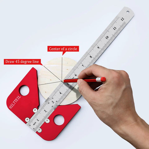 Image of Solid As A Rock Aluminum Circle Center Finder With Forty Five Nine Zero Right Angle Square and Detachable Marking Ruler measuring and marking a circle.