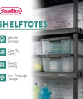 18 Pack Plastic Storage Bins With Lids 25 Quart Gray Shelf Totes on shelves, showing secure storage and see-through design.