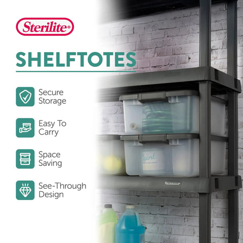 18 Pack Plastic Storage Bins With Lids 25 Quart Gray Shelf Totes on shelves, showing secure storage and see-through design.