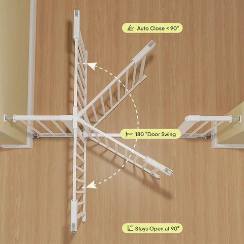 Top view of Extra Wide Baby Gate For Stairs And Doorways 27 To 43 Inches Auto Close Safety Gate with door swing at 180 degrees.