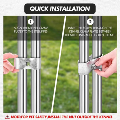 Installation of 18 Piece Chain Link Fence Clamps Set For Dog Kennels 1 3 8 Inch Galvanized Steel Easy Install For Pipe And Panel Frames Rust And Corrosion Resistant Construction on steel pipes.