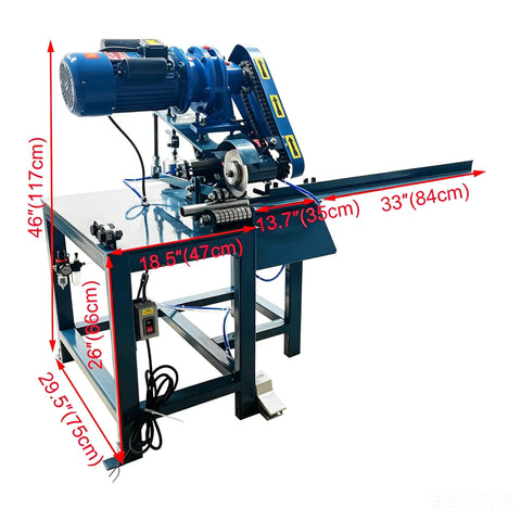 Heavy Duty Pneumatic Pipe Cutter For 0.78 To 3.94 Inch Round And Square Metal Tubes 220V on a workbench with measurements.