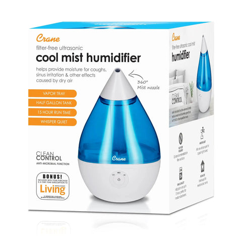 Droplet Ultrasonic Cool Mist Humidifier For Bedroom And Office 0.5 Gallon Mini Humidifier Blue And White Finish in packaging