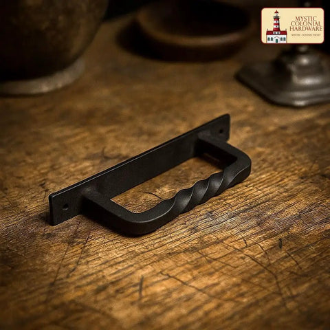 Premium Solid Heavy Duty Rustic Twisted Barn Door Handles In Black Wrought Iron Six Inch Farmhouse Cabinet Pulls on wooden surface