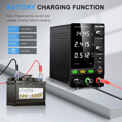 Variable DC Power Supply 30V 10A 300W Lab Bench Charger With Output Switch OCP Quick Charge Port LiFePO4 Battery Connected