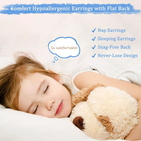 Hypoallergenic Surgical Steel Earrings for Girls and Toddlers with Screw Back Flat Posts Nickel Free and Safe for Sensitive Ears Kid Friendly Mixed 14K Gold and Silver Stud Set Featuring Heart Flower Pearl Star Shapes, girl sleeping