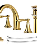 Polished Gold 3 Hole Bathroom Faucet Set With Overflow Pop Up Drain Easy Install Widespread Brass Two Handle Bath Tub Faucet For Restroom Sink No Drip Ceramic Valve