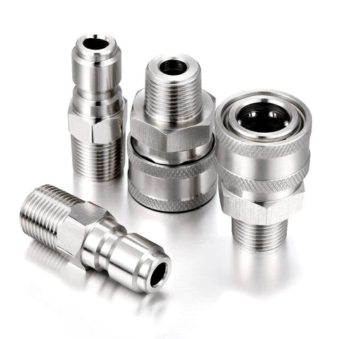 Front view of four 1/4 in NPT metal pressure-washer quick-connect fittings (male and female).