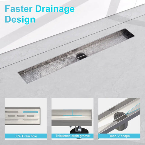 24 Inch Linear Shower Drain with Removable Patterned Grate Heavy Duty Built to Last 304 Stainless Steel in floor view