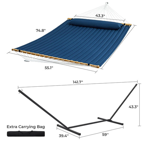 Diagram of 12Ft Two Person Quilted Outdoor Hammock With Stand Detachable Pillow And Bamboo Spreaders Chill Out Hammock in Navy Blue