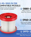 Two Pack 49-90-1900 Wet Dry Vacuum Filter Kit For Cordless M18 Vac 0780-20 0880-20 With Four Foam Sleeve Filters And One Cleaning Brush High Efficiency Pleated Filters Reusable And Easy To Install, showing filter and compatible models 0880-20, 0960-20, 0970-20