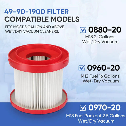 Two Pack 49-90-1900 Wet Dry Vacuum Filter Kit For Cordless M18 Vac 0780-20 0880-20 With Four Foam Sleeve Filters And One Cleaning Brush High Efficiency Pleated Filters Reusable And Easy To Install, showing filter and compatible models 0880-20, 0960-20, 0970-20
