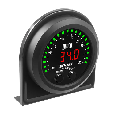 Turbo Boost And Vacuum Gauge Kit With LED Digital Display For Cars Trucks And ATVs 2 1/16 Inch 52mm Unit 1/8 NPT Electronic Pressure Sensor And Mounting Bracket Boost To 35 PSI Vacuum -30 To 0 InHg Red LED Readouts, angled view with mounting bracket