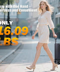 Woman carrying a lightweight trolley, 16.09 lbs, with text 'Effortless and Convenient.'