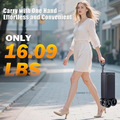 Woman carrying a lightweight trolley, 16.09 lbs, with text 'Effortless and Convenient.'