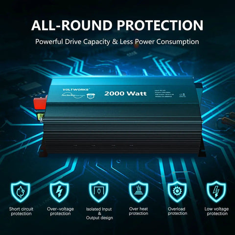 2000 Watt Pure Sine Wave Inverter 12V DC To 110V And 120V AC Power Converter with protective features.
