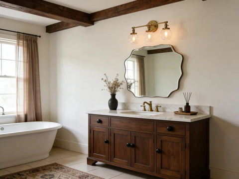 Bathroom with Three Light Antique Brass Wall Sconces with Clear Glass Globes Dope Industrial Vanity Lighting