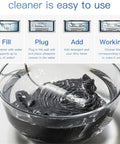 Portable Ultrasonic Cleaner For Home Use Mini Immersible Jewelry Cleaner in action with cleaning instructions and black fabric in water.