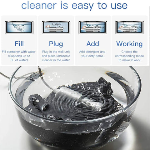 Portable Ultrasonic Cleaner For Home Use Mini Immersible Jewelry Cleaner in action with cleaning instructions and black fabric in water.