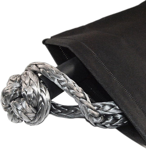 Close-up of Recovery Ring And Soft Shackle Set For Off Road Recovery 35,000 lbs strength with UHMWPE rope and 7075 aluminum.