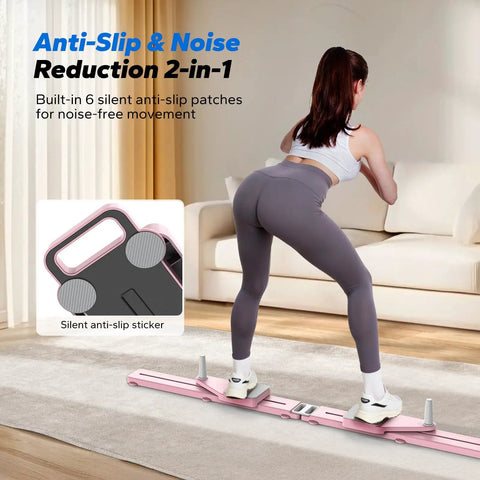 Heavy Duty Pilates Board And Versatile Ab Trainer Kit features anti-slip handles and rollers, shown in use on a carpet.