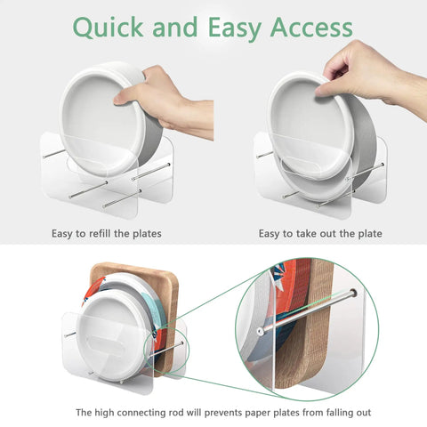 Round and Square Plate Dispenser and Storage Organizer for 7 to 12 Inch Disposable Plates, Clear acrylic design demonstrating use