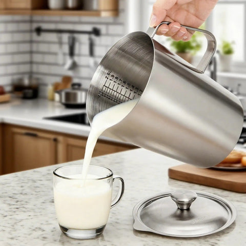 Barista Grade Stainless Steel Pitcher With Lid 79oz 2.3L Large Mouth Graduated Beaker With Markings Easy Grip Handle Milk Frothing Jug