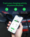 Smartphone displays charging app for Level 2 50 Amp EV Charger 240V Indoor Outdoor Home Charging Station With J1772 Connector.
