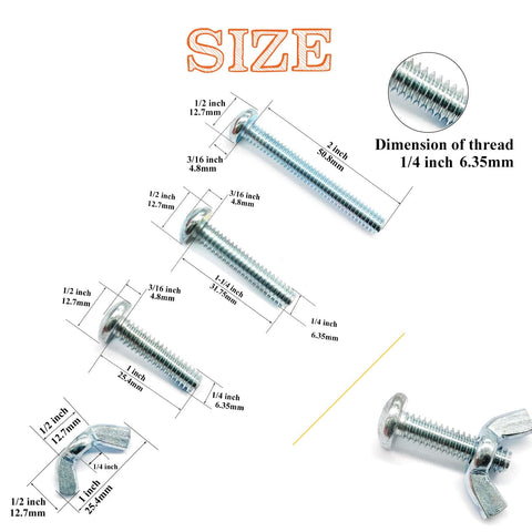 48 Pack One Quarter Twenty Wing Nut And Machine Screw Kit With Round Head Phillips Bolts In One Inch One And A Quarter Inch And Two Inch Lengths Zinc Plated Hardware Includes Twenty Four Wing Nuts And Twenty Four Machine Screws In Clear Box For DIY showing screw dimensions and thread size 1/4 inch 6.35mm diagram