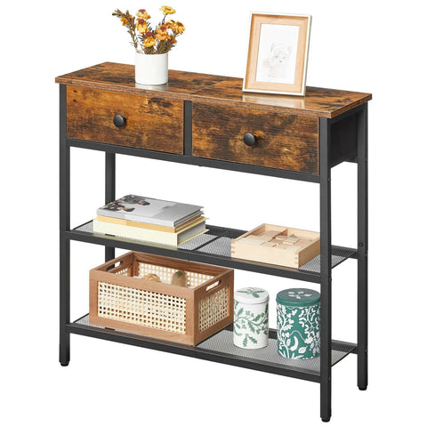 Ultra Slim 29.5 Inch Console Table With 3 Tier Storage, Two Fabric Drawers, Rustic Brown And Black, in living room