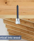 Vertical installation of 50 Pack Vertical Threaded Rod Anchors Set, One Quarter Inch Screws, Pipe Hanger Fittings, Silver and Blue Finish in wood.