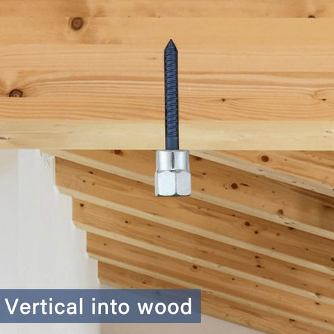 Vertical installation of 50 Pack Vertical Threaded Rod Anchors Set, One Quarter Inch Screws, Pipe Hanger Fittings, Silver and Blue Finish in wood.